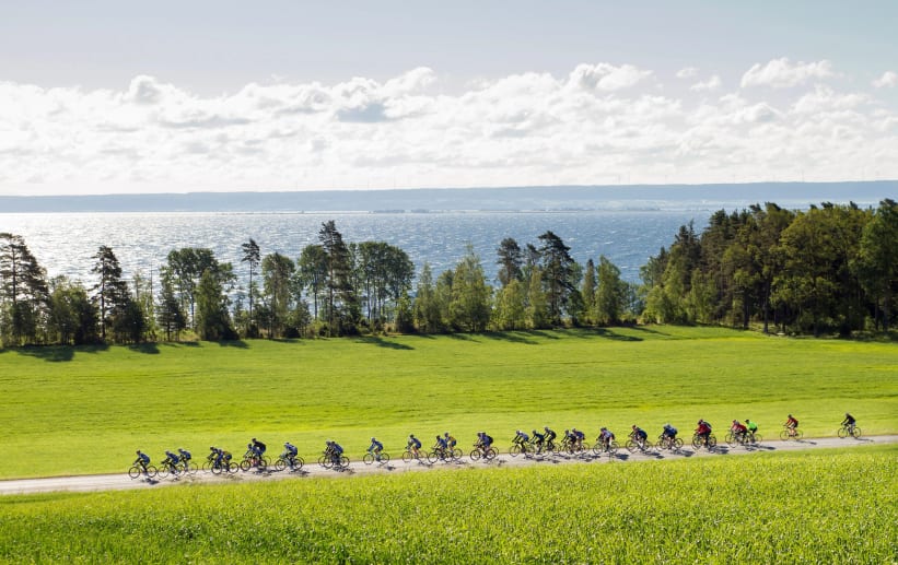 Cyklister på en äng under loppet En svensk klassiker