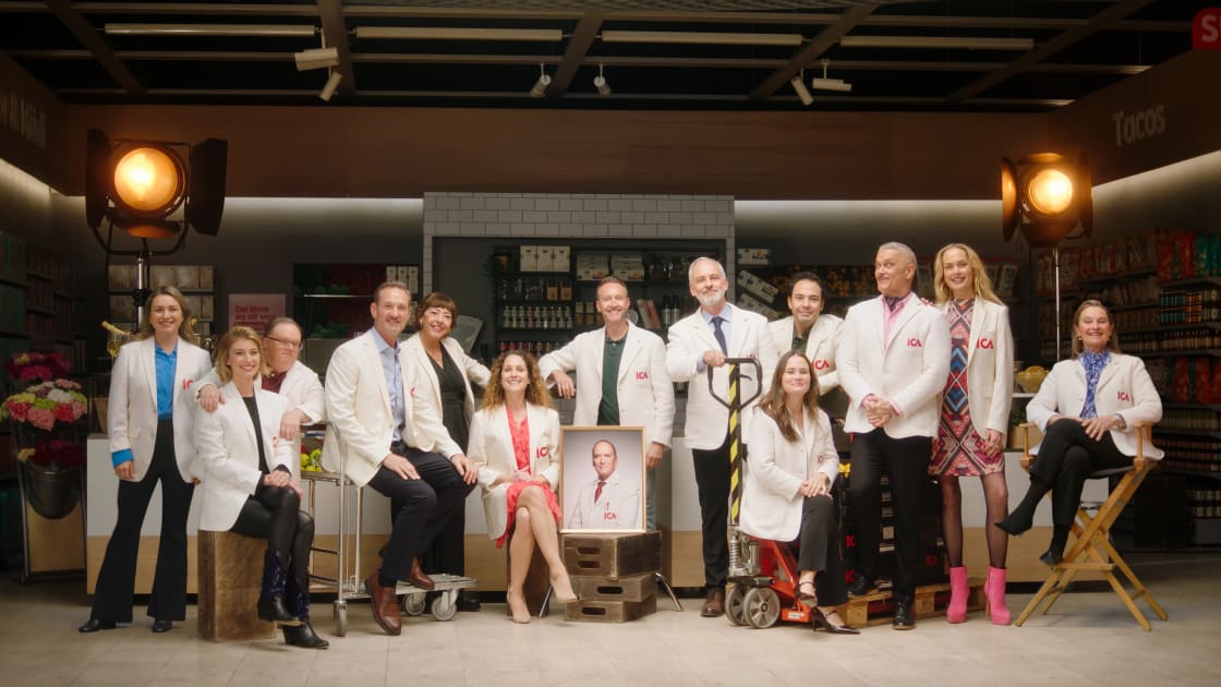 Samlingsbild på nuvarande och tidigare karaktärer i ICA-reklamen.