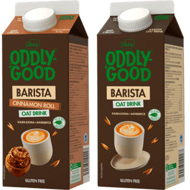 Två förpackningar Oddly good Baristamjölk.