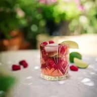 Ett glas med kombucha raspberry med färska hallon och lime. Glaset står på ett bord utomhus med suddig bakgrund av grönska och solljus.