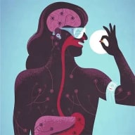 En illustration av en person i genomskärning som håller upp ett piller. Med glasögon och ett band runt armen.