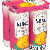 Fyra-pack med Mino Zero-läskburkar med smak av vinbär, hallon och citron.