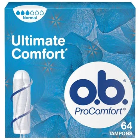 Produktbild o.b proComfort 64 st tamponger, blå förpackning.