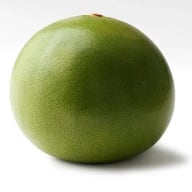 En rund frukt med skrovlig yta ligger på en vit bakgrund.