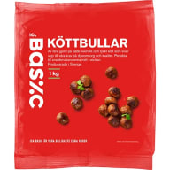 En förpackning med köttbullar från ICA Basic visas med några köttbullar utspridda framför.