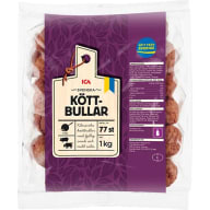 En förpackning med köttbullar från ICA visas med produktinformation och innehållsförteckning på etiketten.