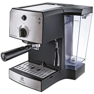 En espressomaskin med en vattenbehållare, en kaffehållare och en droppbricka.
