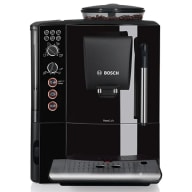 En kaffemaskin från Bosch med en behållare för kaffebönor och ett kontrollpanel med knappar och vred.