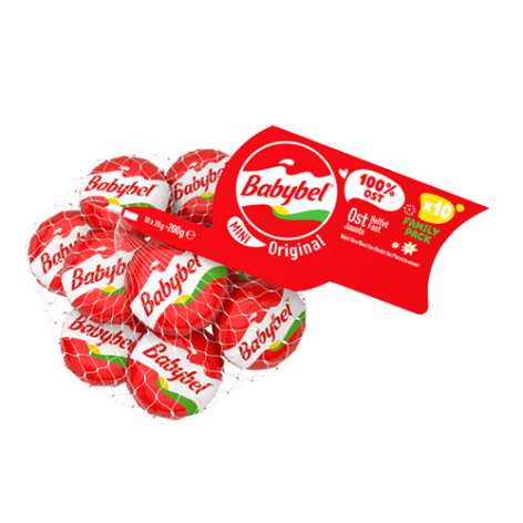 En familjeförpackning med flera små Babybel-ostar.