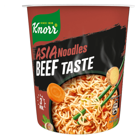 Bilden visar en förpackning på Knorr Asia Noodles Beef.