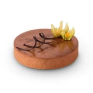 Moussetårta med chokladsmak dekorerad med physalis och en spiral i mörk choklad.