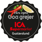 Märke för ICA Supermarket Gustavslund med texten "Våra egna Goa grejer" och chili, citronklyfta och örter.