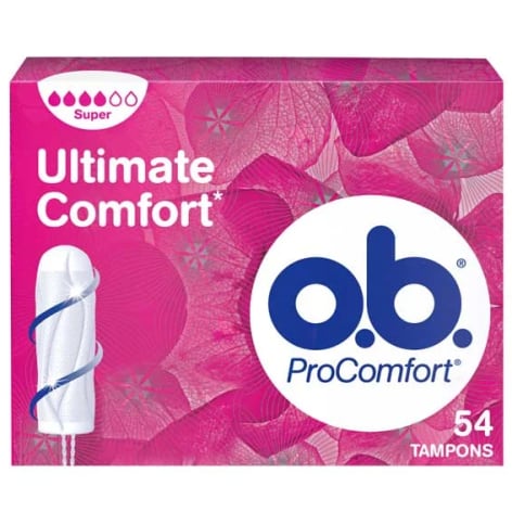 Produktbild o.b. proComfort super, 54 st tamponger i en rosa förpackning.