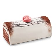 Elegant vit tårtrulle dekorerad med choklad och en rosa marsipanros.