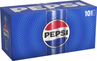 Kartong med tio Pepsi Max-burkar med en stor Pepsi-logotyp.