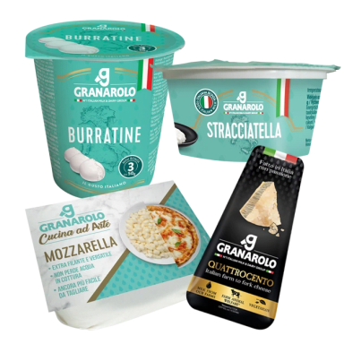 Burratine, mozzarella, stracciatella och quattrocento från Granarolo.