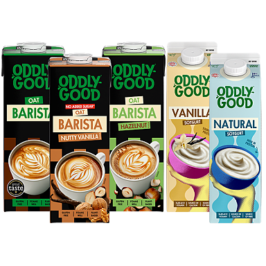 3 förpackningar Oddlygood Barista havredryck och 2 förpackningar Oddlygood soygurt