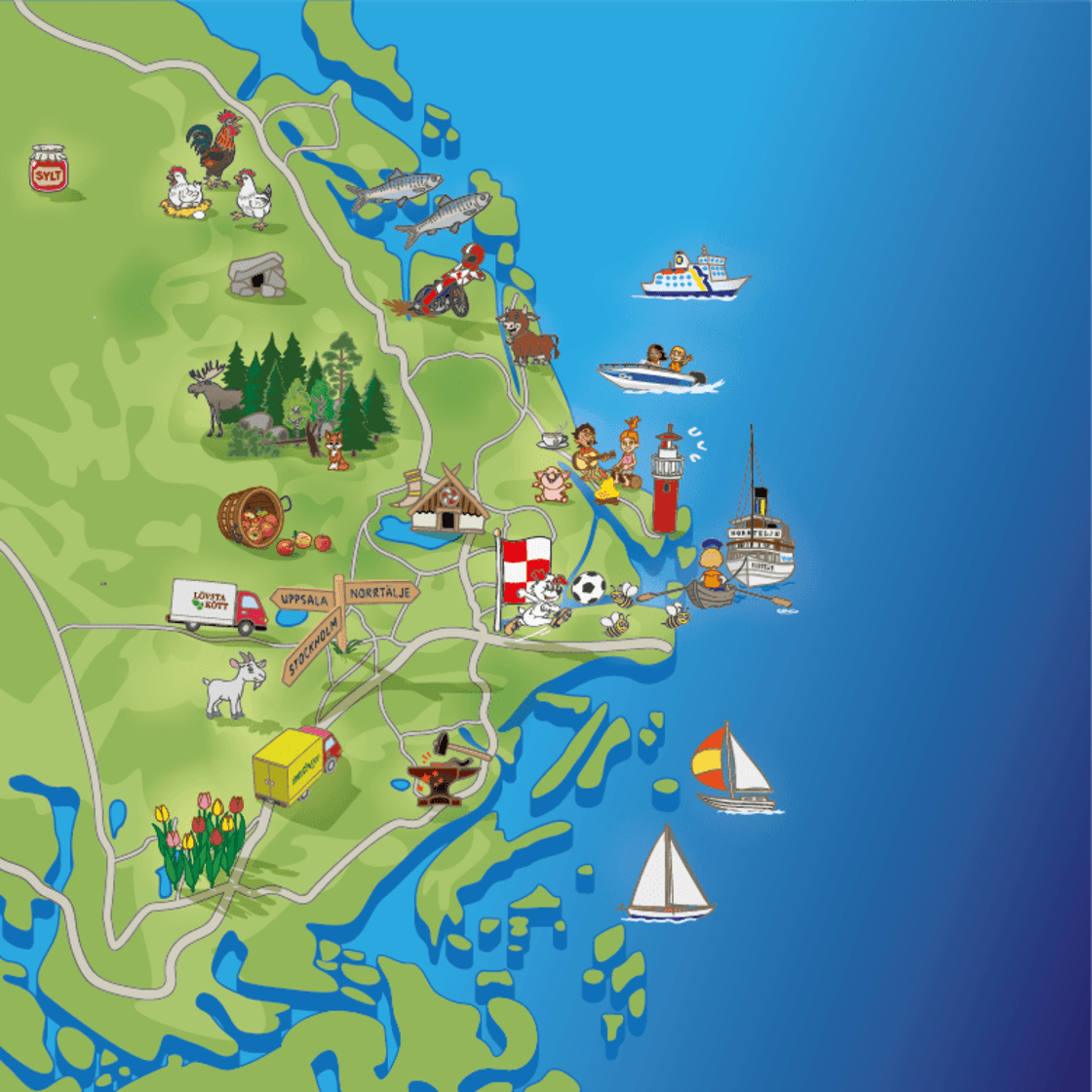 Handmålad karta över Roslagen.