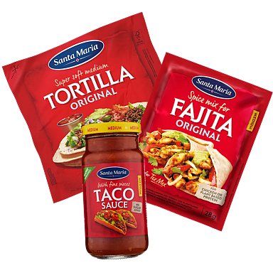 Tex mex produkter från Santa Maria; tortillabröd, tacosås och fajita kryddmix.
