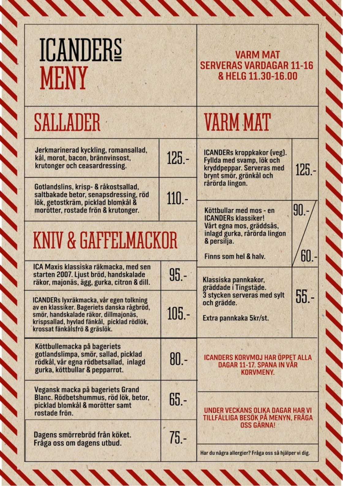 En meny från restaurang Icanders visar priser och rätter för sallader, varm mat och mackor.
