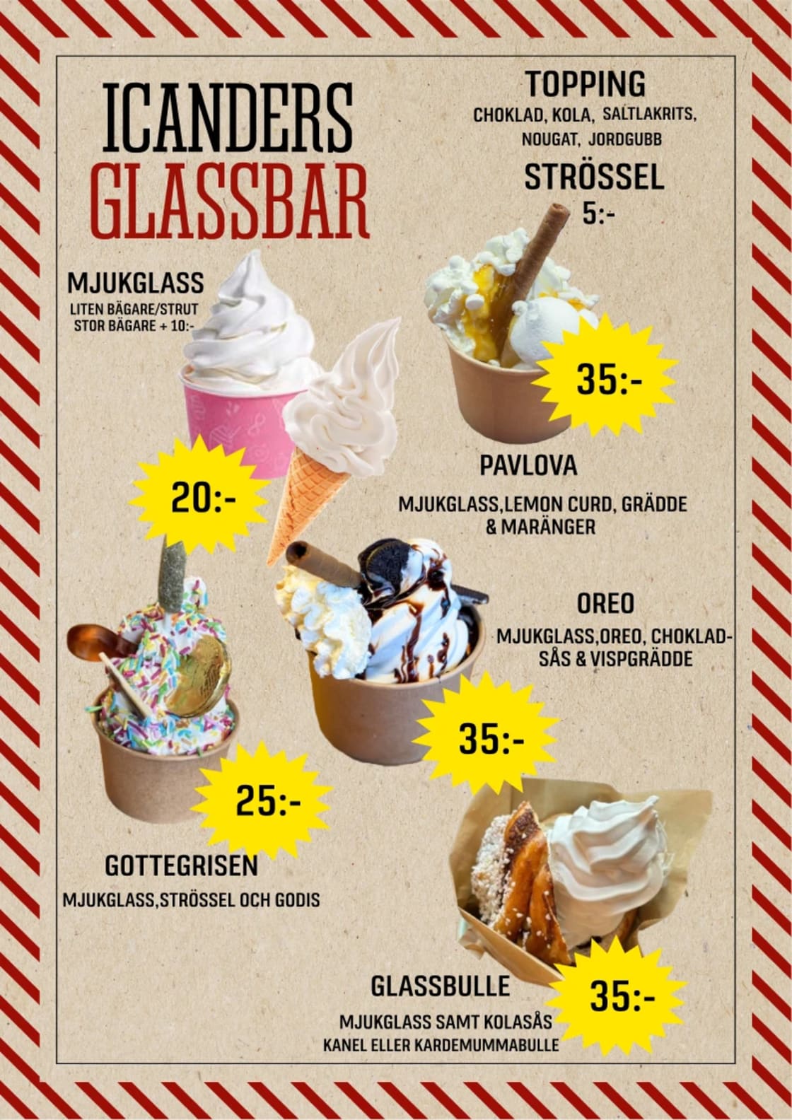 En meny med priser för glassbar visar olika glasstillbehör och mjukglass.