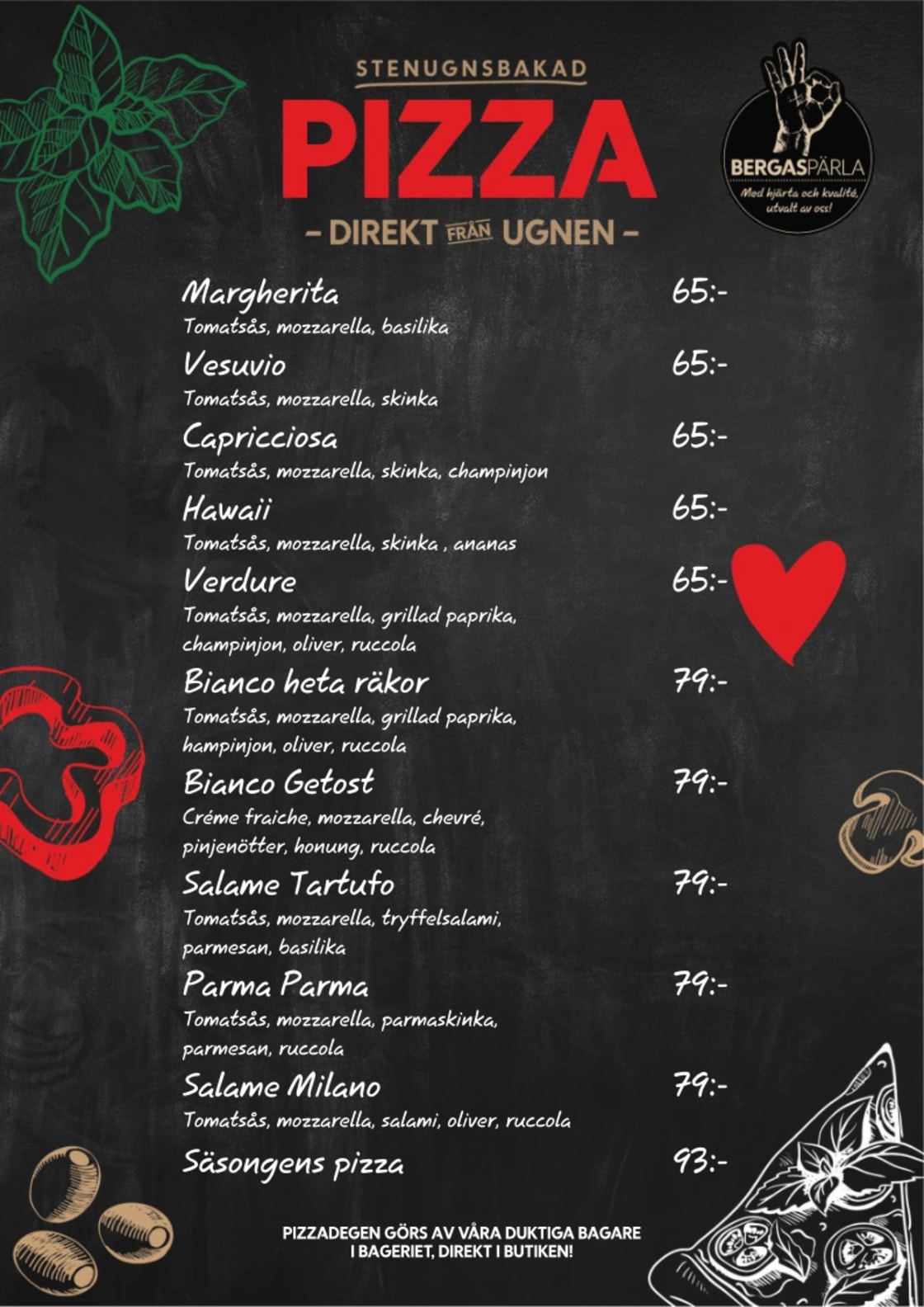 Meny för stenugnsbakad pizza som listar olika pizzatyper och deras priser.