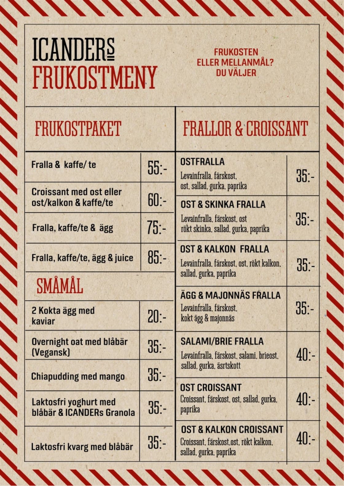 En meny visar frukostalternativ och priser på ett café eller restaurang.