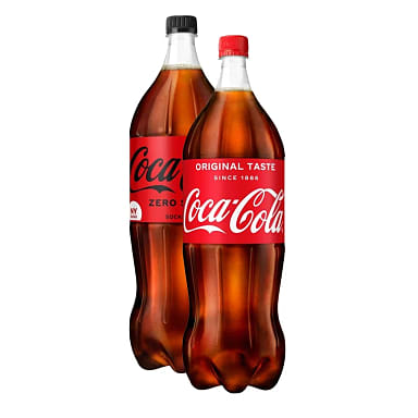 Två pet-flaskor med coca cola. En original och en diet.