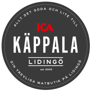 ICA Käppalas sigill. Rund form Där det står ICA Käppala Lidingö sdt.2005. Allt det goda och lite till. Din trevliga matbutik på Lidingö. Sigillet är mörkgrått, ICA står i rött och texten i Vitt