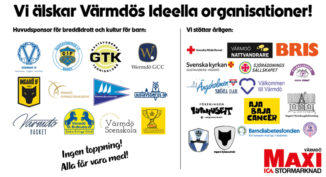 Affisch som hyllar Värmdös ideella organisationer med många logotyper och huvudsponsorns namn.