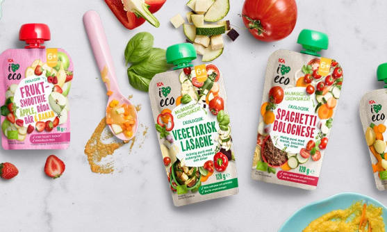 Klämmisar från ICA I love eco med spaghetti bolognese, vegetarisk lasagne och fruktsmoothie.