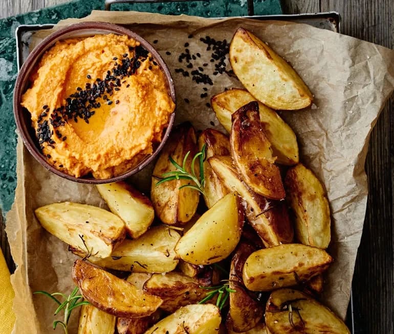 Rostade Potatisklyftor Med Skal Paprikahummus Recept Ica Se Laegg torskblocket i en ugnsform (gaerna upptinat, vid fryst laengre tid i ugnen) salt och. rostade potatisklyftor med skal paprikahummus