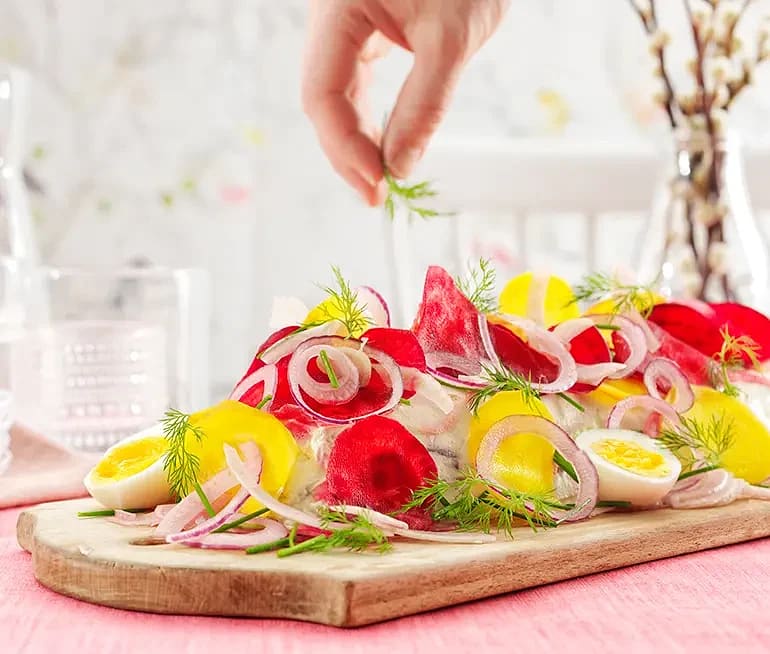 Matjessilltårta med rödbetscrudité