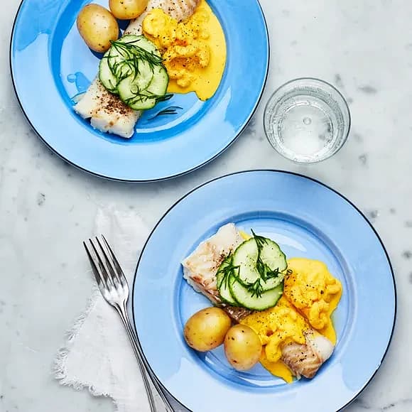Torskfilé med saffrans- och räkröra