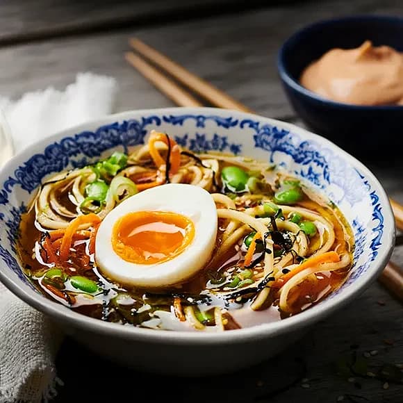 Rotfruktsramen med ägg och sojabönor