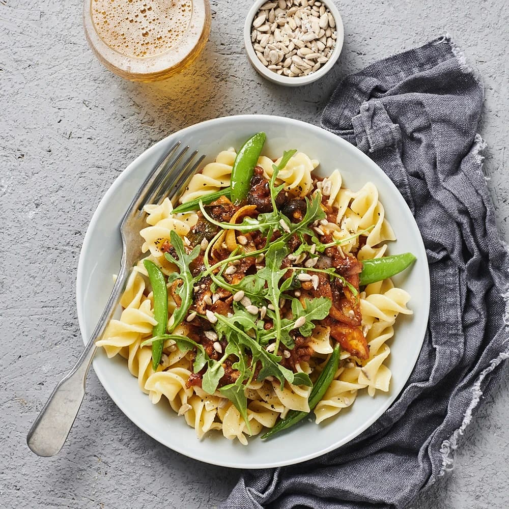 Lins- och svamppasta med ruccola