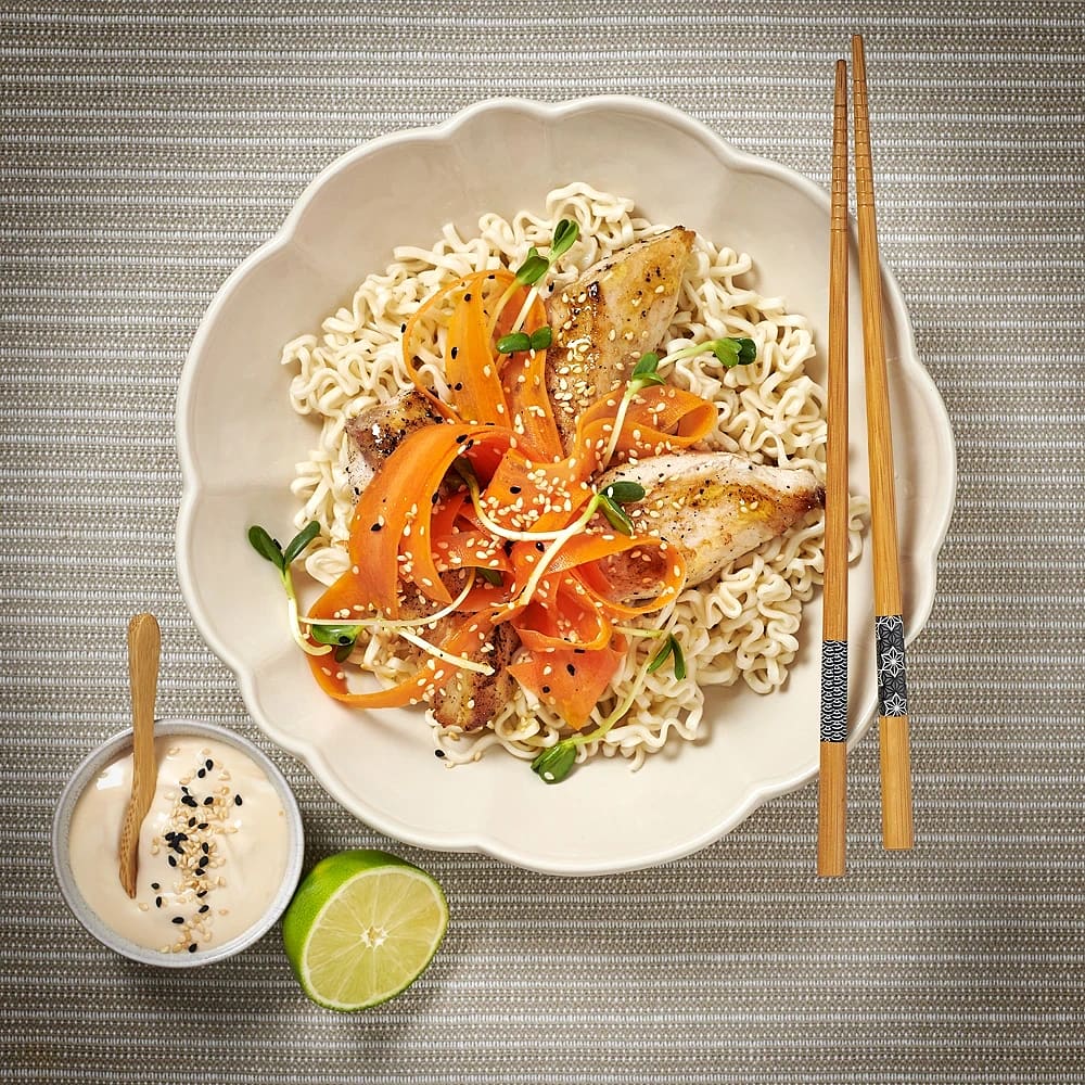 Kycklingfilé med sojamajonnäs och nudlar