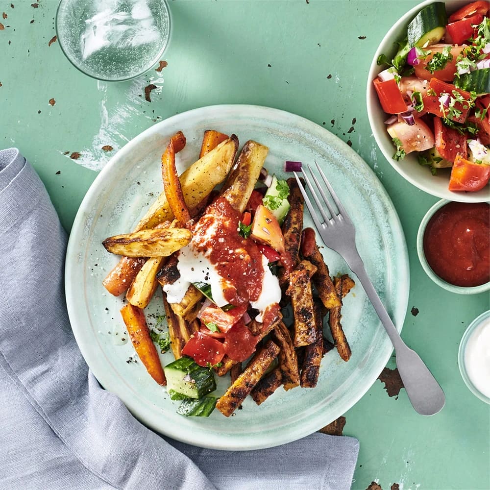 Vegokebab med stark sås och paprika- och tomatsallad
