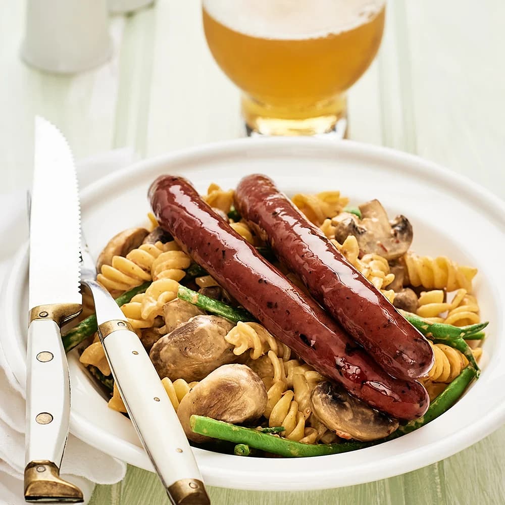 Lammkorv med champinjoner, haricots verts och pasta