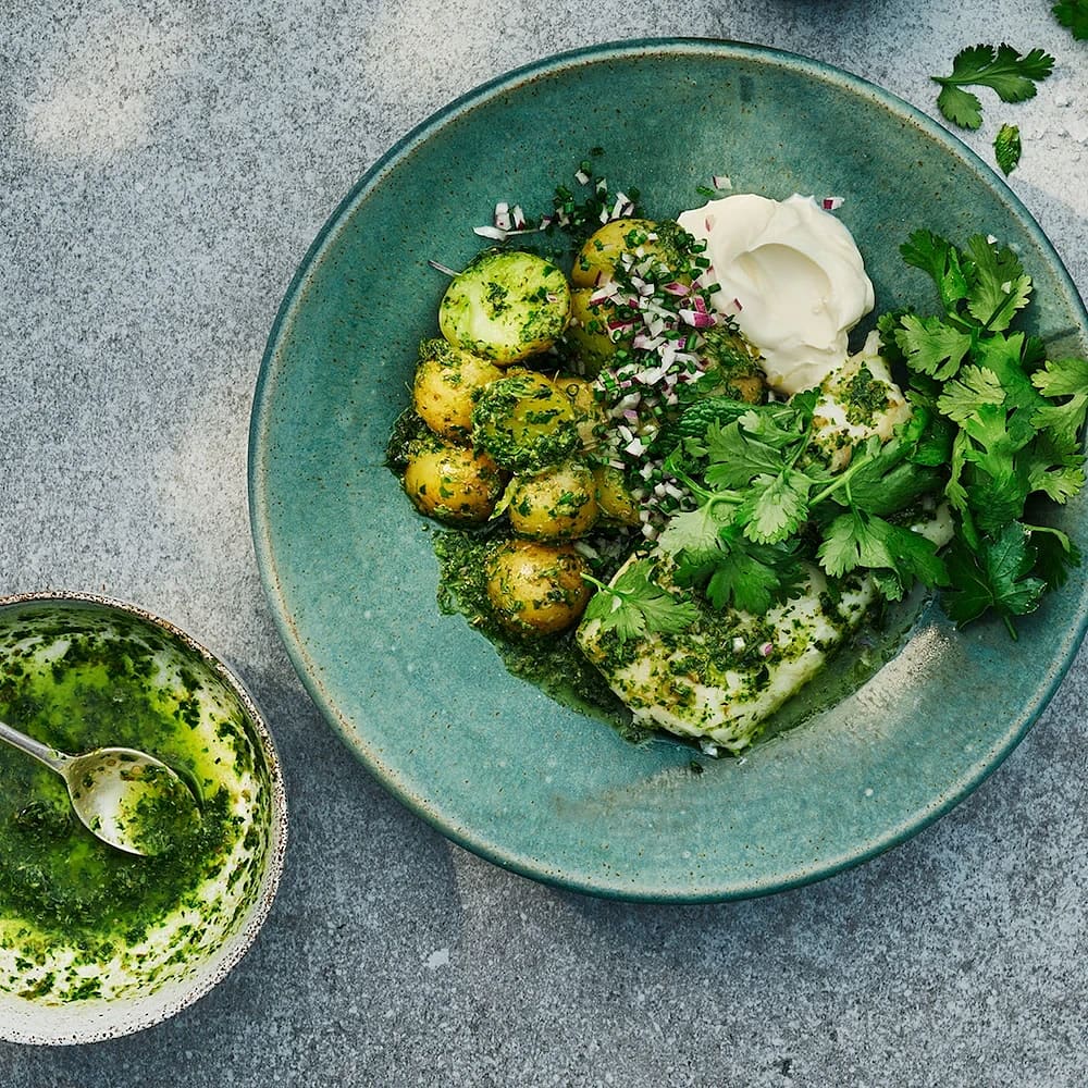 Färskpotatis med torsk och salsa verde