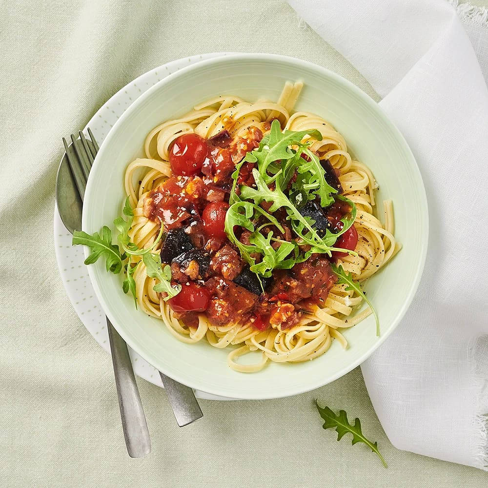 Pastapancetta med rosmarin och aubergine