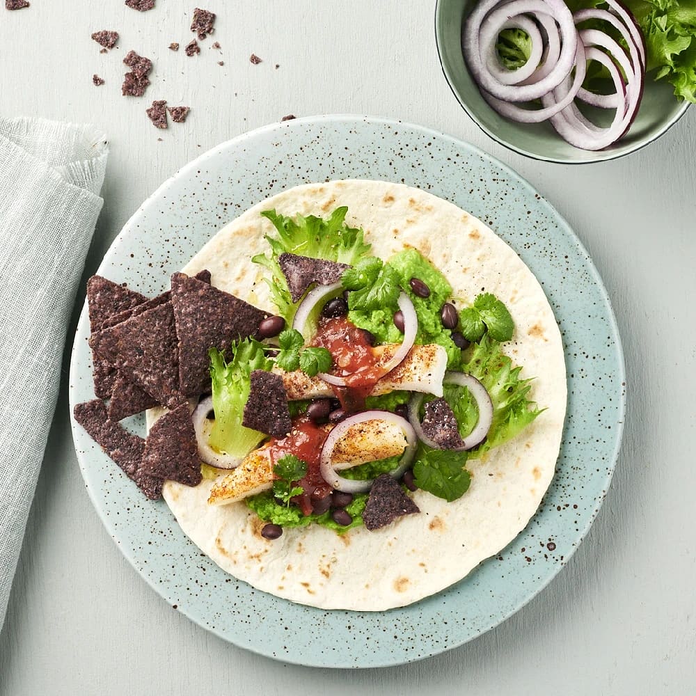 Fish tacos med bönor och ärtguacamole
