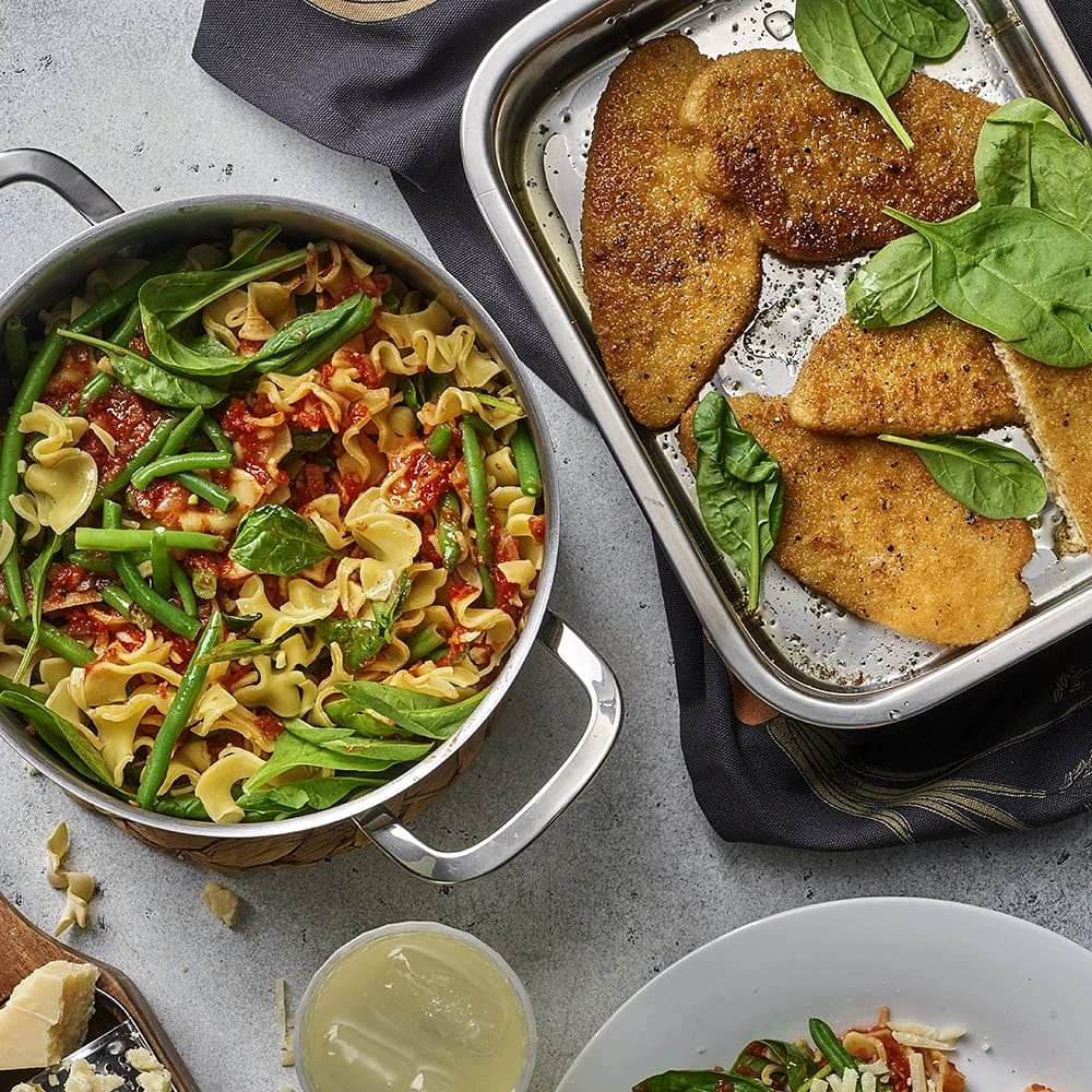Vegopiccata milanese med tomatpasta