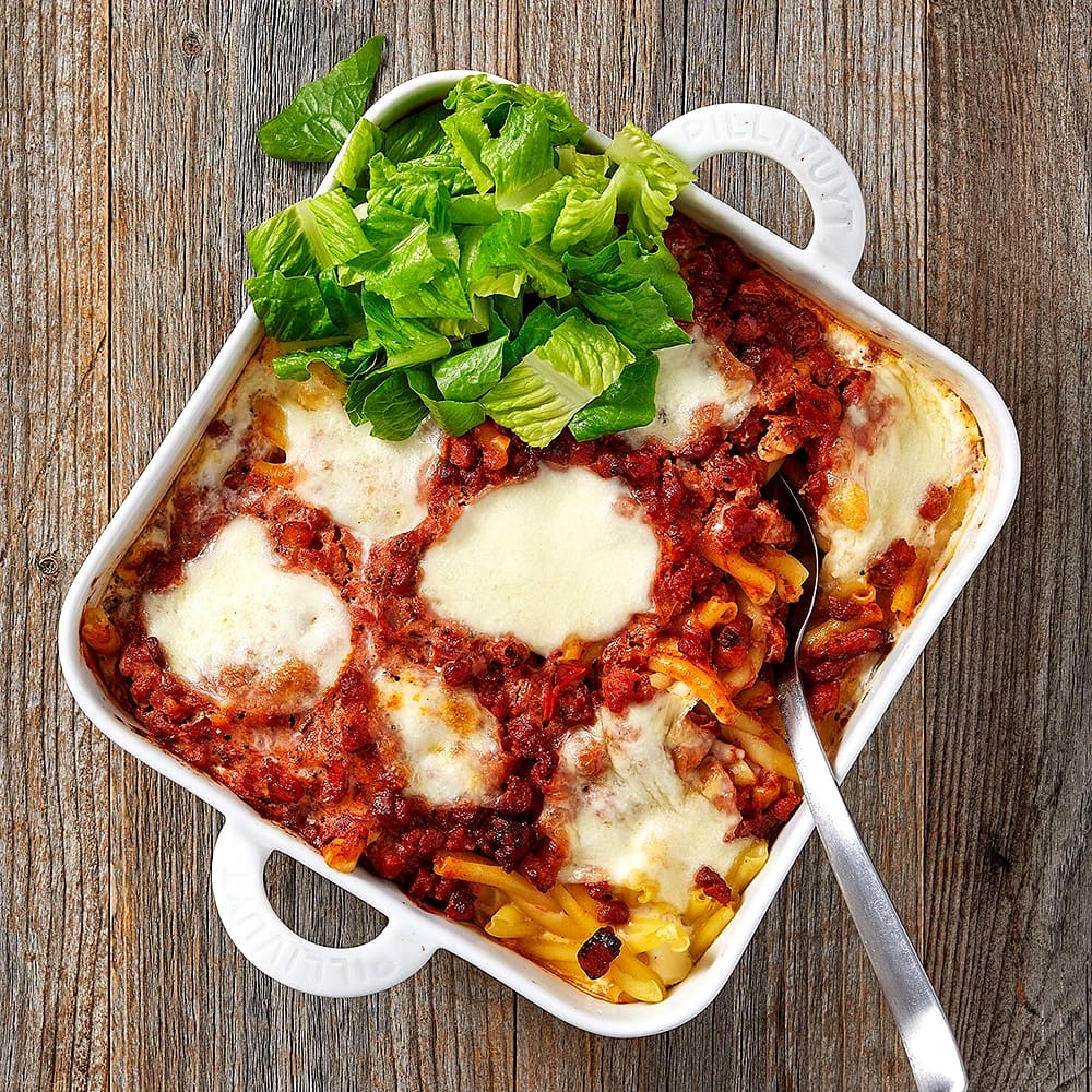 Pastagratäng med pancetta och mozzarella