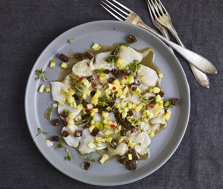 Carpaccio på pilgrimsmussla