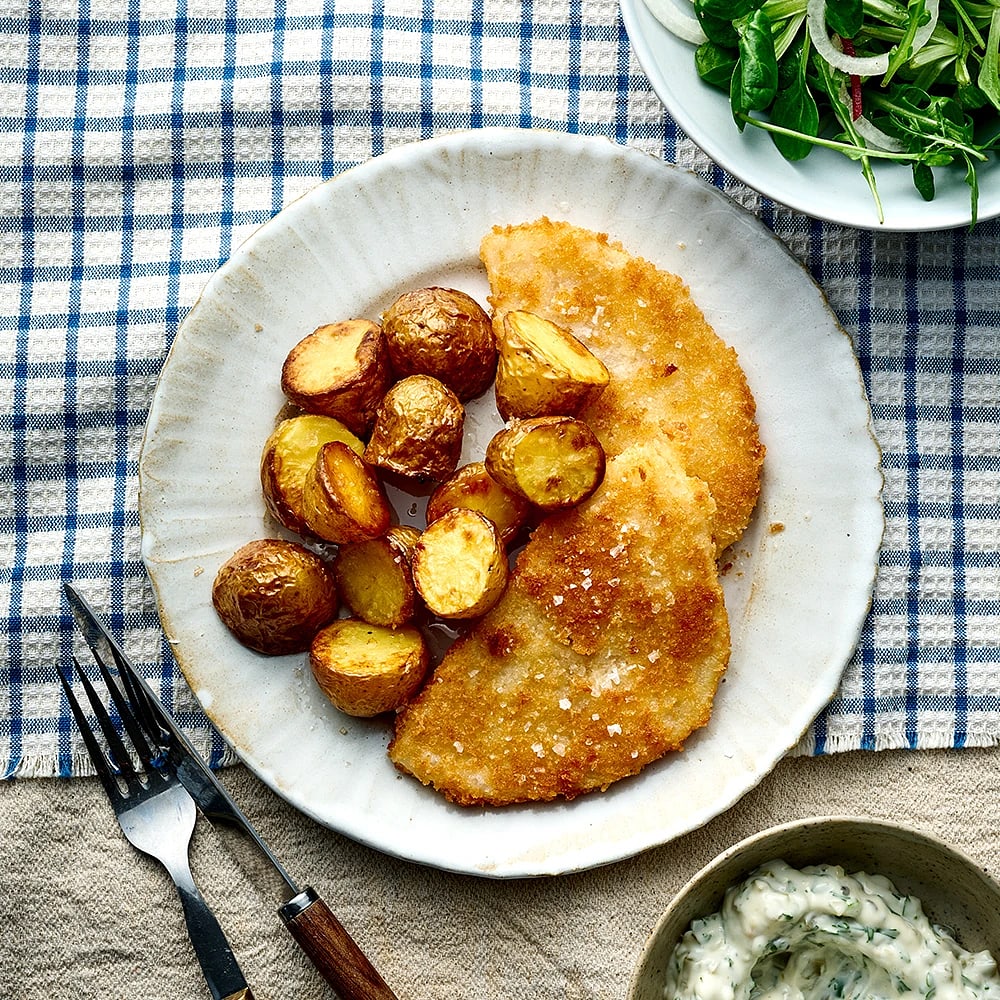 Parmesanpanerad rotselleri med tartarsås