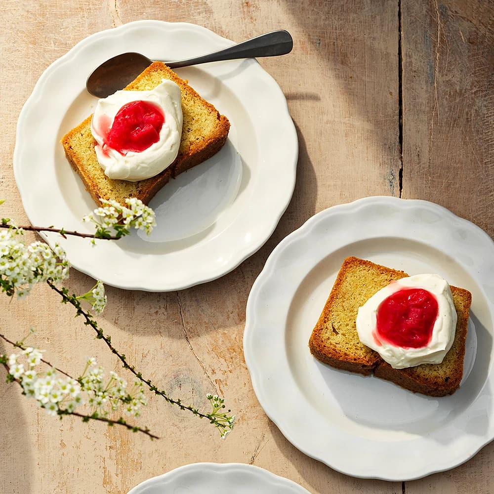 Olivoljekaka med rabarberkompott och frosting