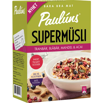 Supermüsli Tranbär blåbär mandel & acai 420g Paulúns