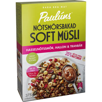Müsli Nötsmörsbakad Soft Hasselnötssmör, hallon & tranbär 375g Pauluns