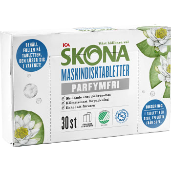 Maskindisktablett Parfymfri 30-p Miljömärkt ICA Skona
